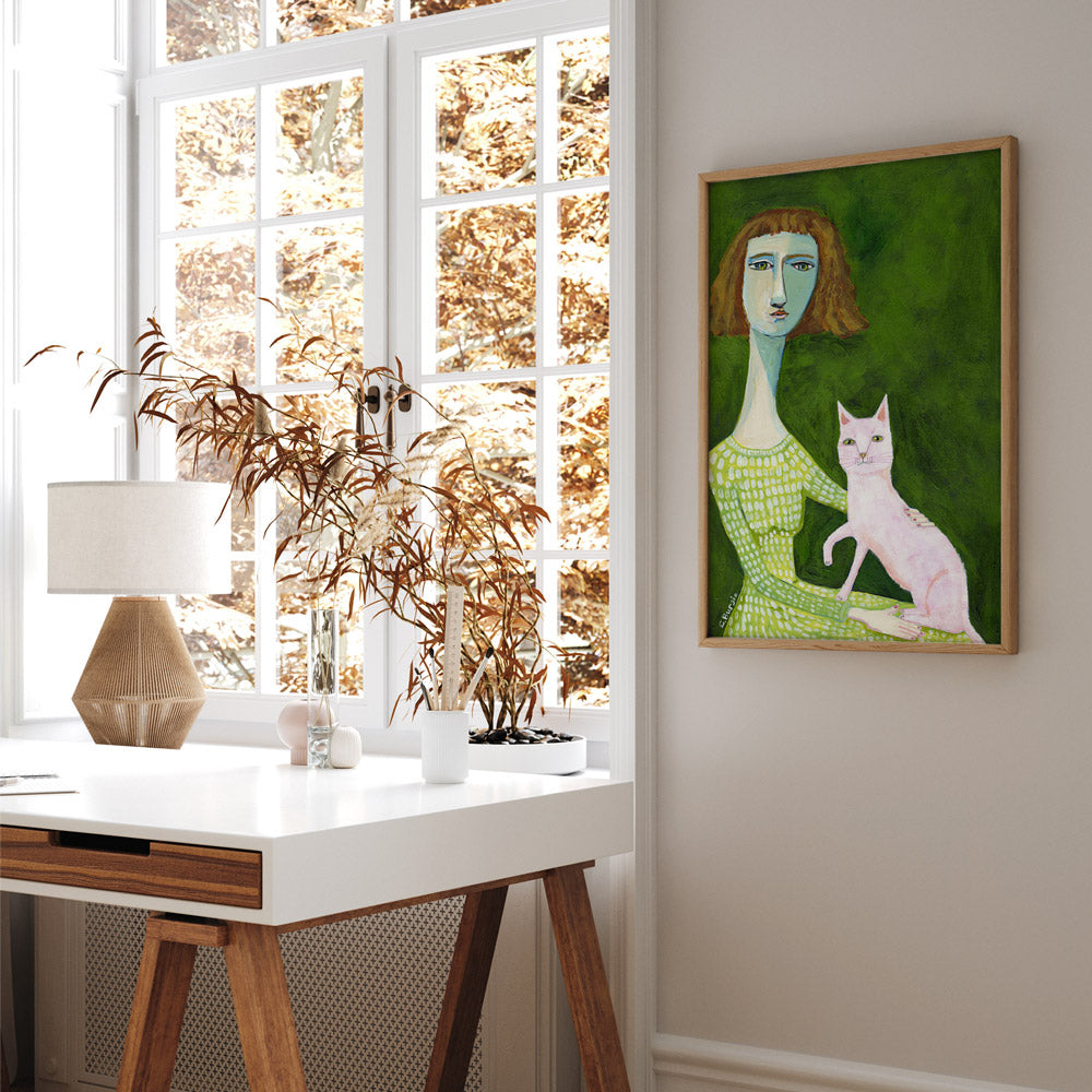 Cat Lady With Pink Cat - XS / Matte Paper / Rolled Art - Nook At You