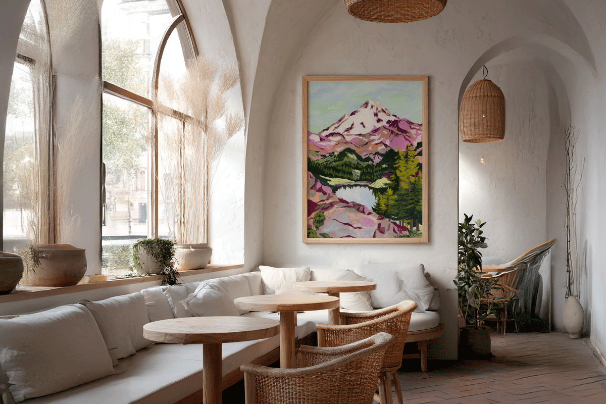 Cozy interior with white walls, large windows, and a mountain canvas painting.