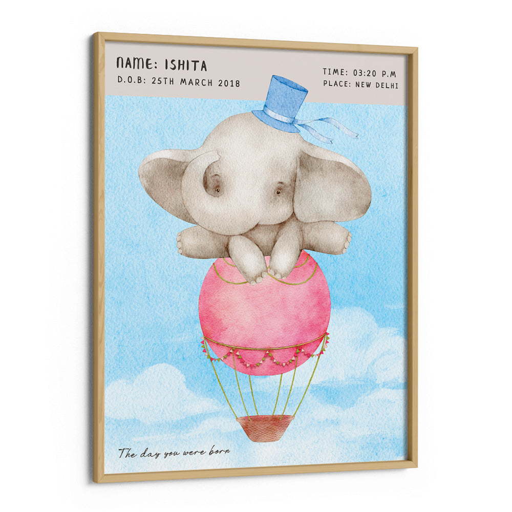 Personalized Birth Poster - Baby Elephant Nook At You Premium Luster Paper Wooden Frame