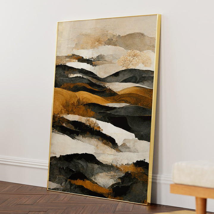Ochre And Beige Mountains Abstract Painting Landscape Art-Gold Metal Frame-Nook At You