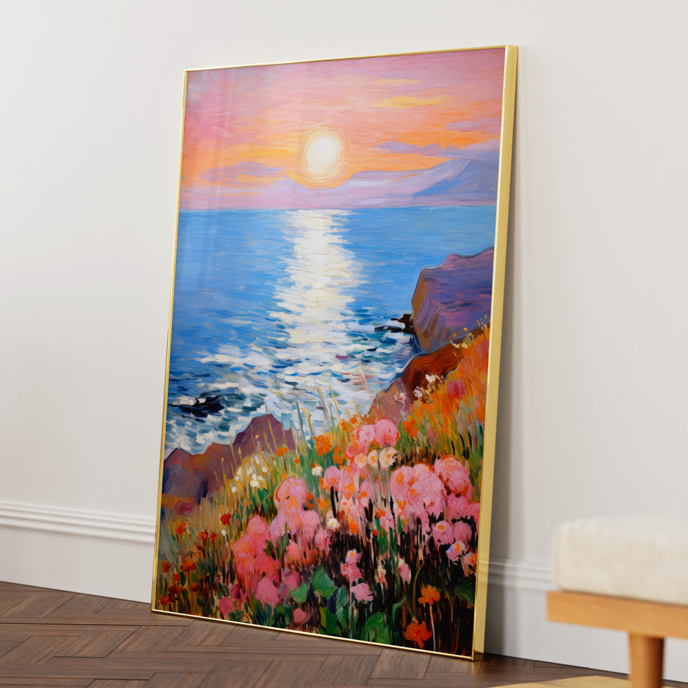 Serene Watercolour Canvas Painting Of Sunset By A Lake With