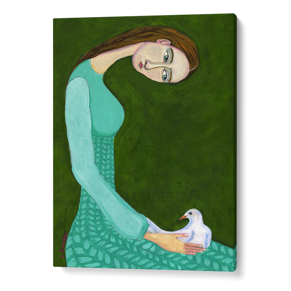 Lady Sitting With White Dove Bird Woman