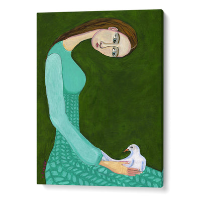 Lady Sitting With White Dove Bird Woman