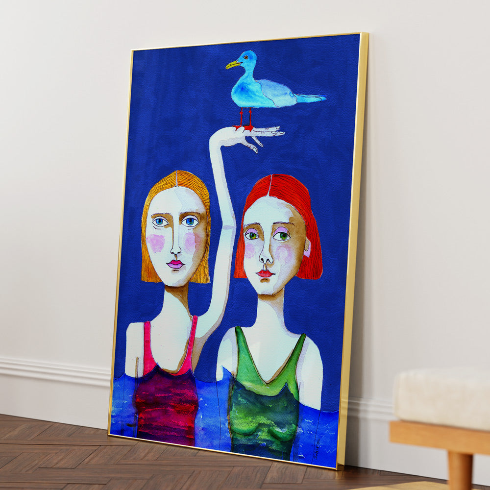 Swimming Ladies With Blue Bird