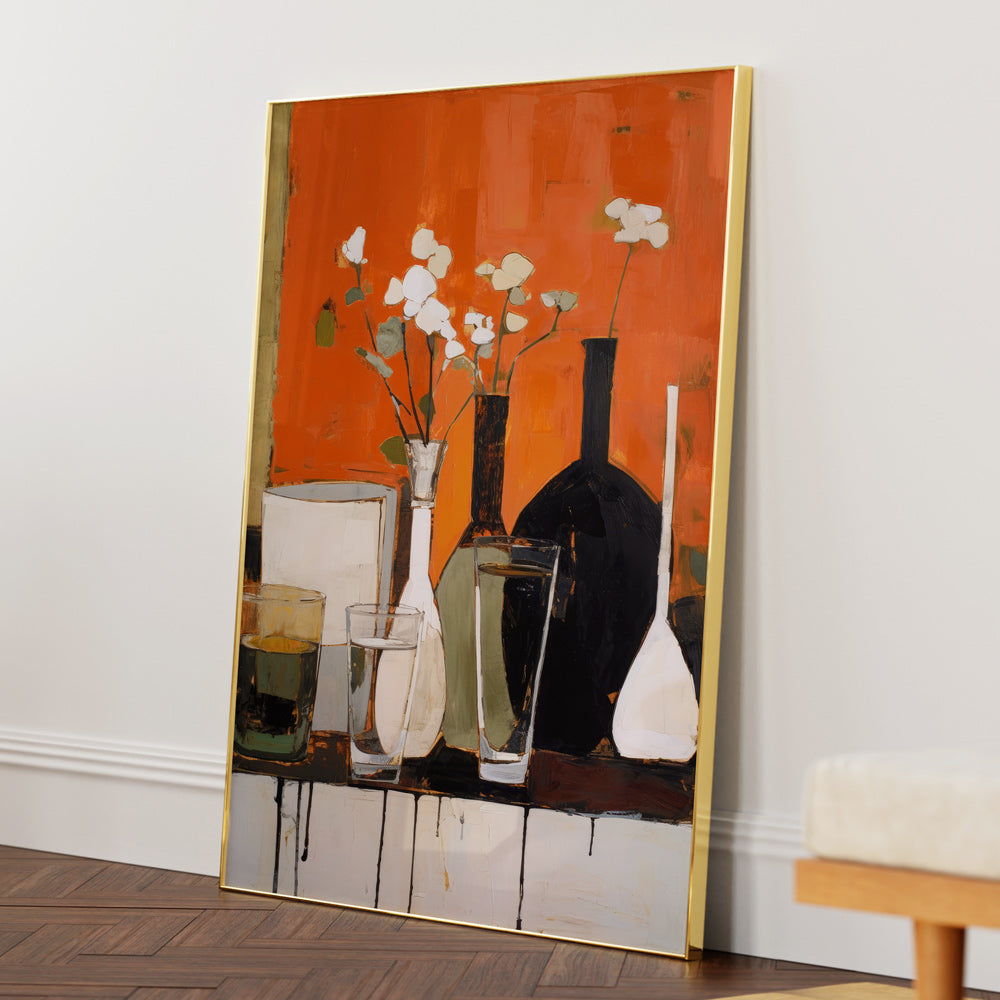 Still Life With Glasses and Bottles Abstract Painting-Gold Metal Frame-Nook At You