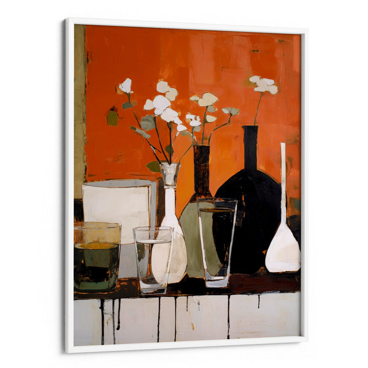 Still Life With Glasses and Bottles Abstract Painting-White Frame-Nook At You
