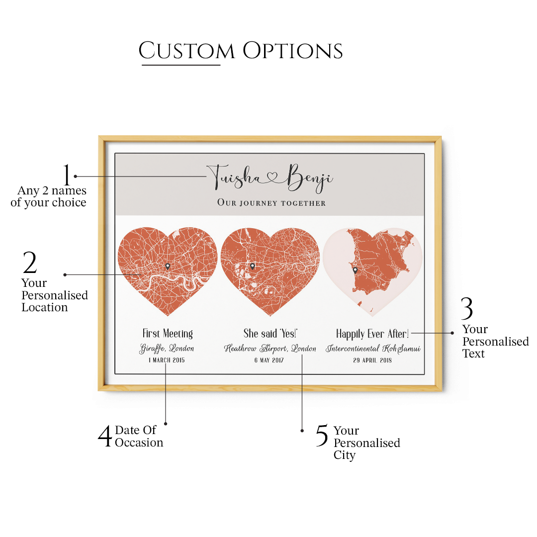 Triple Heart City Map - Burnt Orange - Personalized Gifts for Him - XS / Canvas / Rolled Art - Nook At You