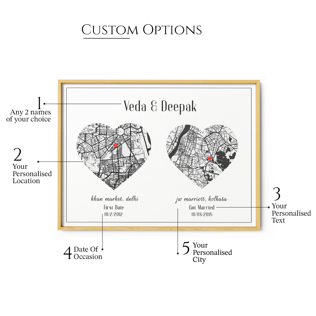 Personalized Dual Heart City Map - White - XS / Canvas / Rolled Art - Nook At You