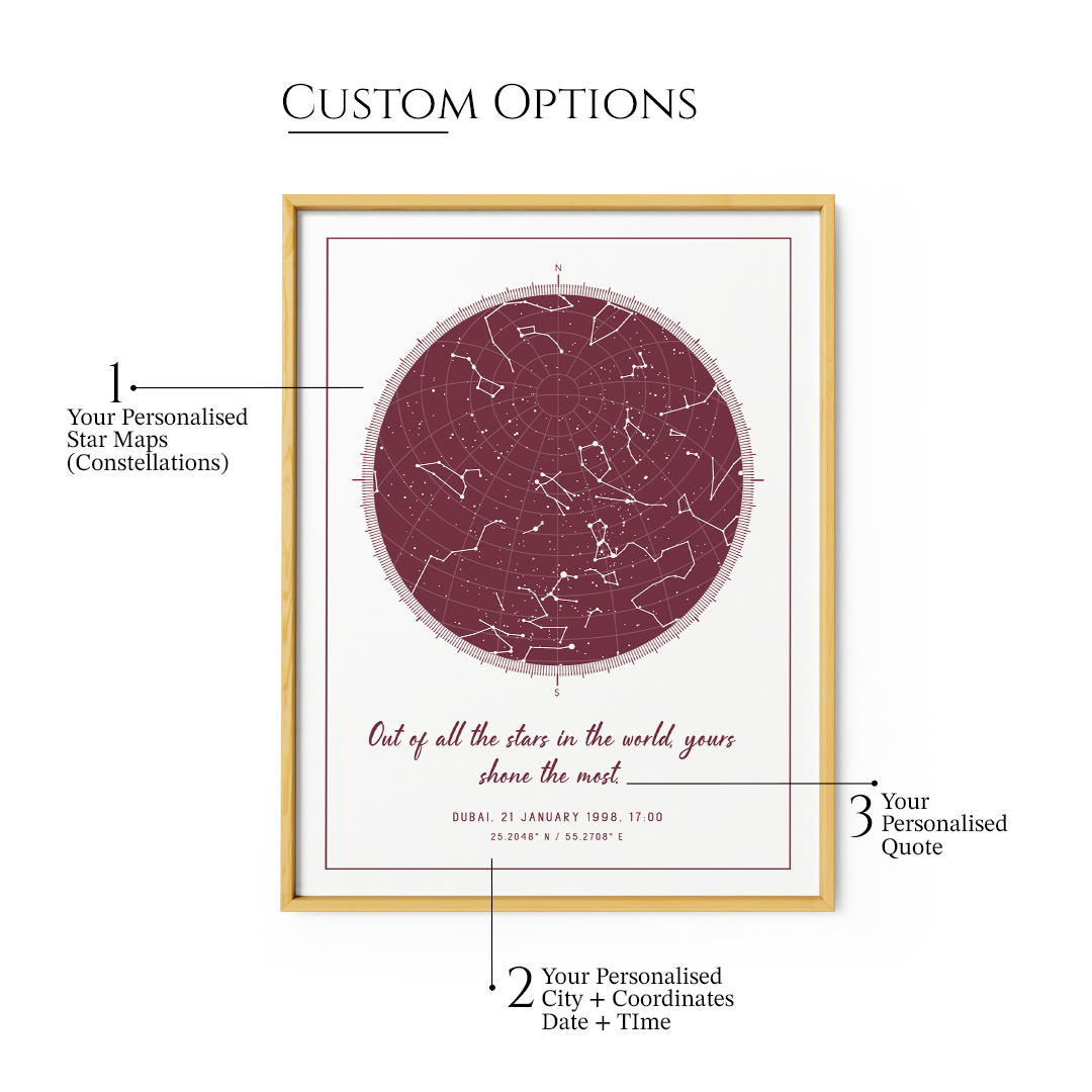 Custom Star Map - Burgundy - Modern - XS / Matte Paper / Rolled Art - Nook At You