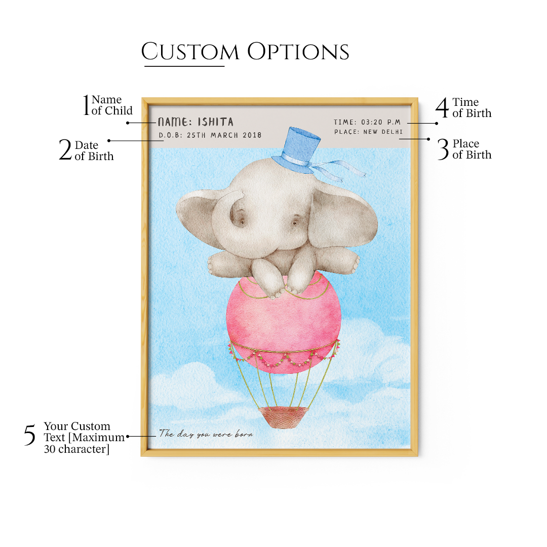 Personalized Birth Poster - Baby Elephant - XS / Matte Paper / Rolled Art - Nook At You