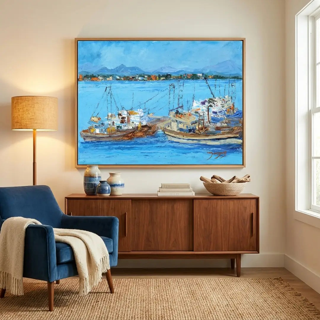 Blue Harbor Fishing Boats Coastal Landscape Wall Art - XS / Matte Paper / Rolled Art - Nook At You