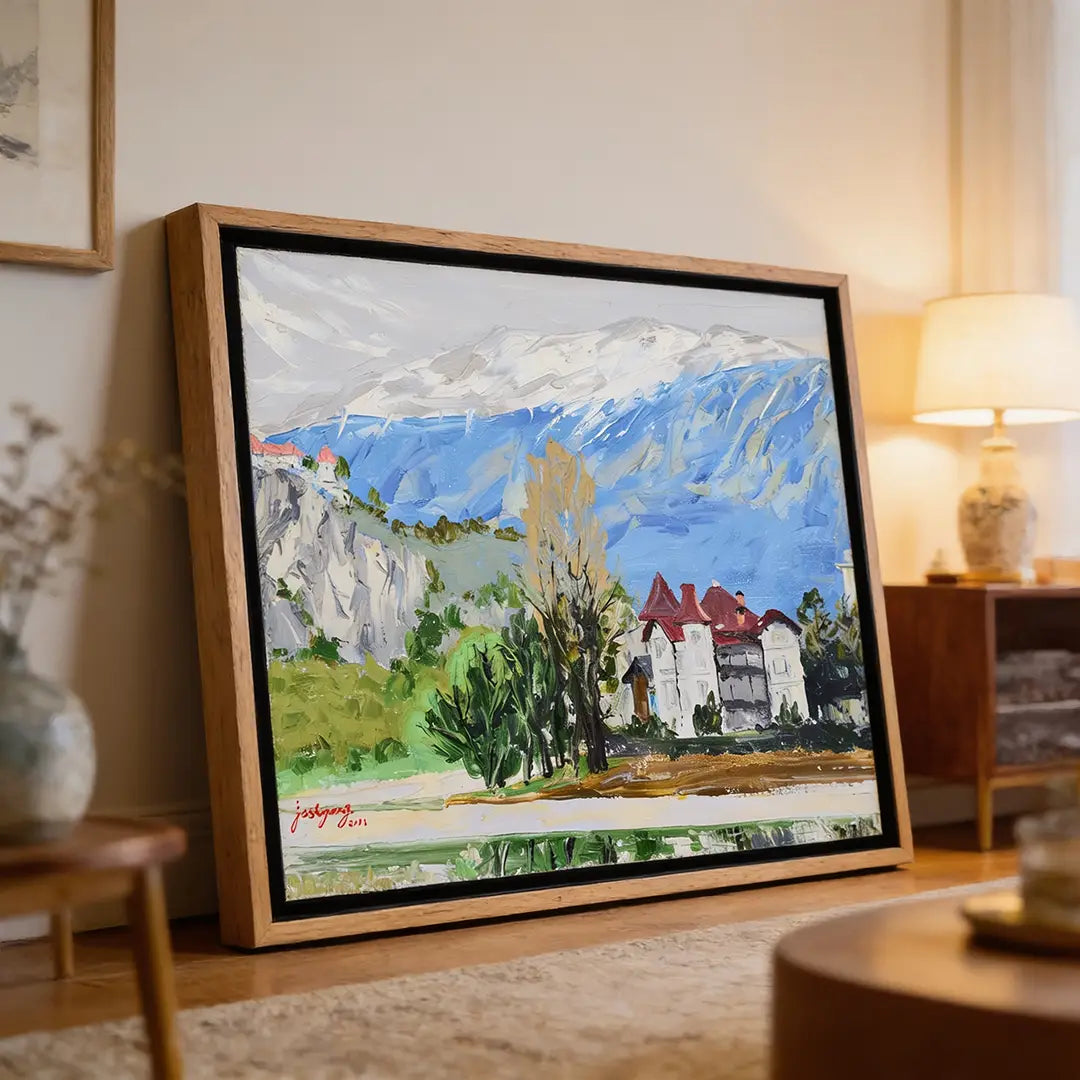 Alpine Lake Castle View Landscape Painting For Living Room - XS / Matte Paper / Rolled Art - Nook At You