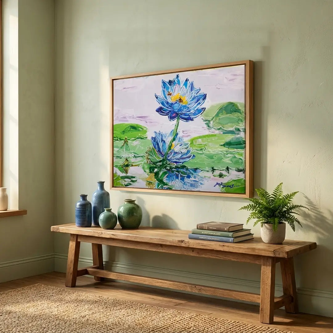 Bees on Blue Lotus Botanical Wall Art Poster - XS / Matte Paper / Rolled Art - Nook At You