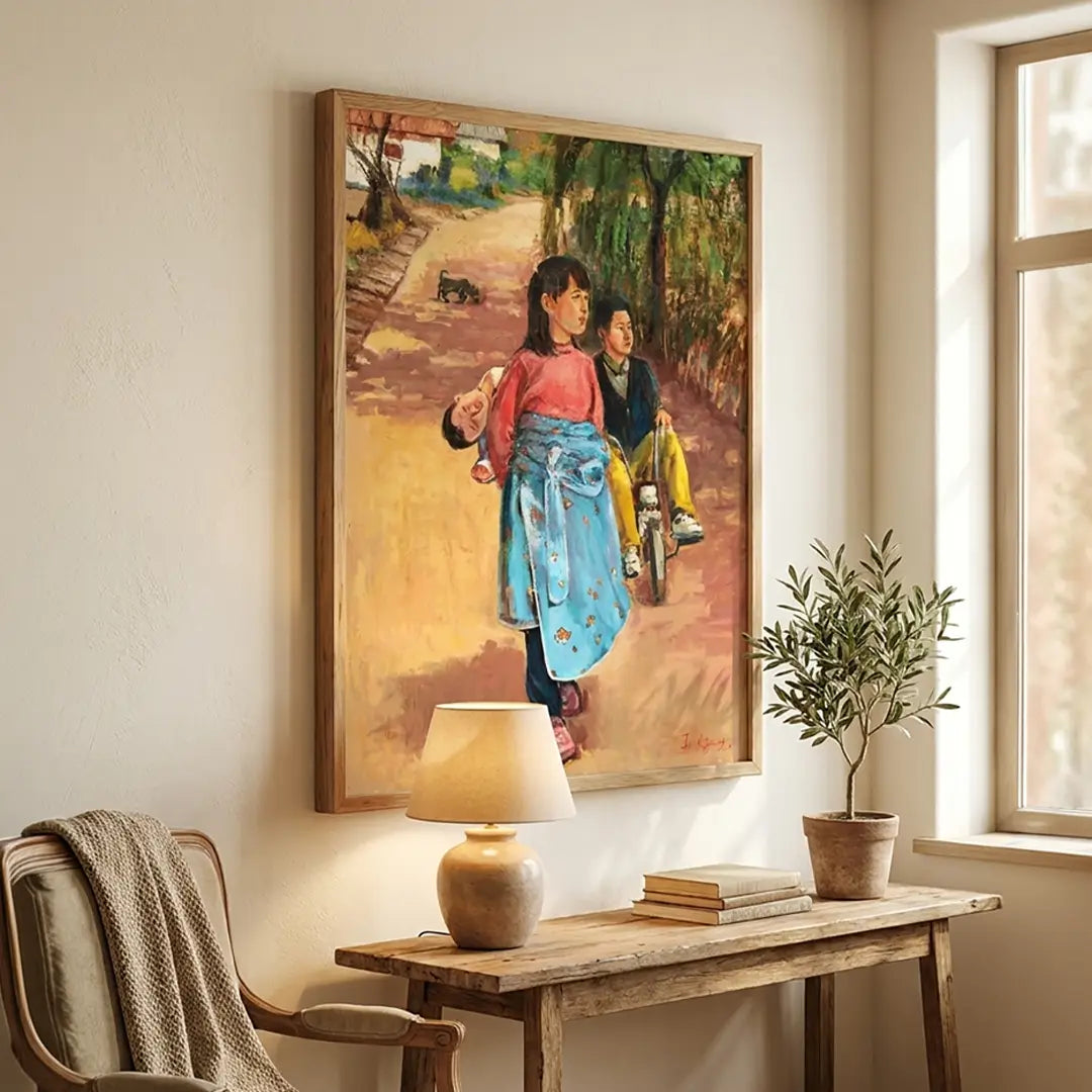 Children on a Village Path Canvas Painting for Living Room - XS / Matte Paper / Rolled Art - Nook At You