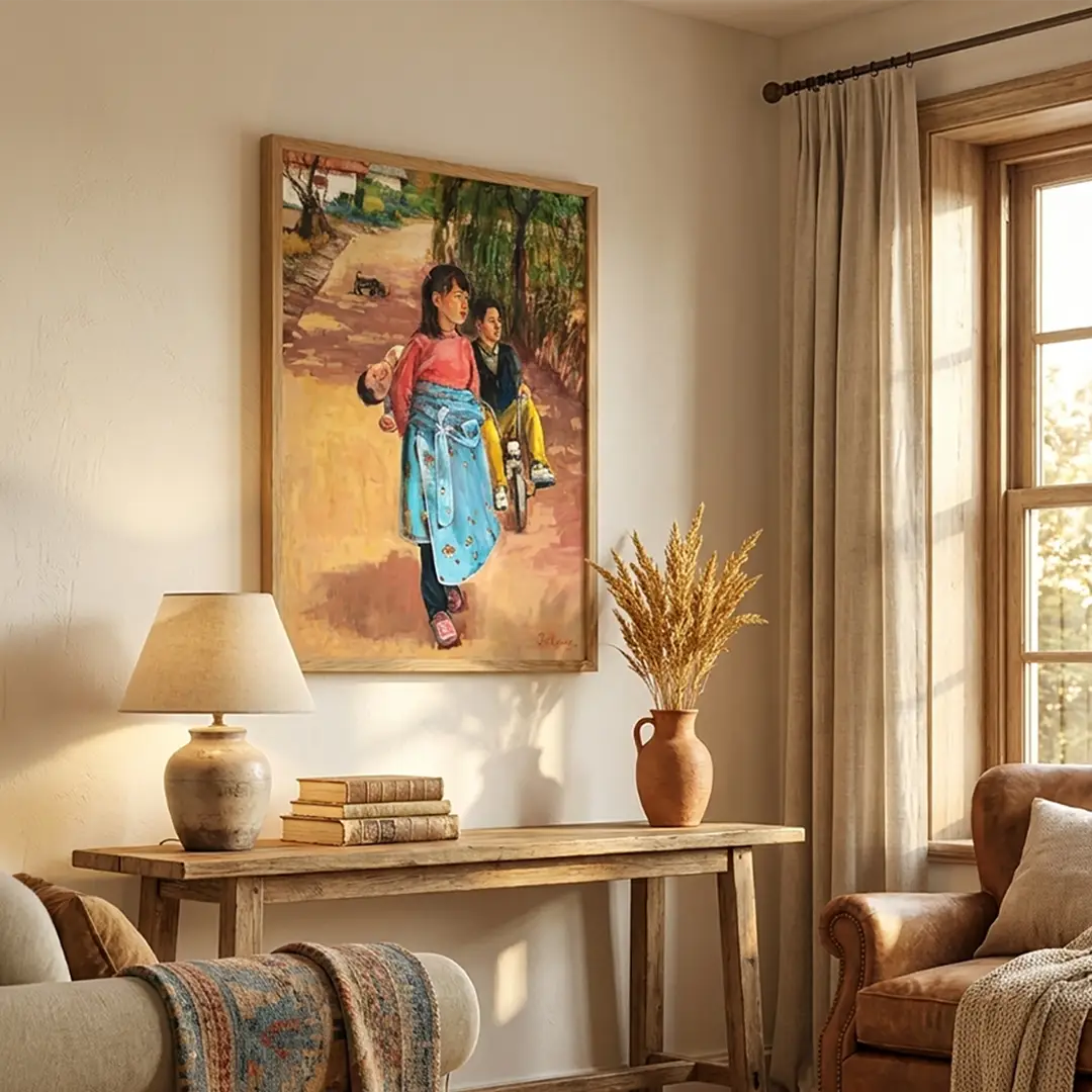 Children on a Village Path Canvas Painting for Living Room - XS / Matte Paper / Rolled Art - Nook At You