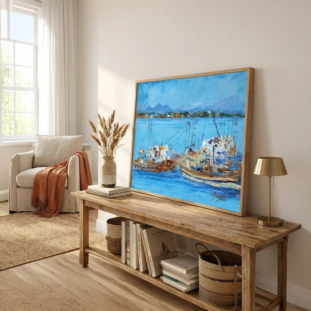 Blue Harbor Fishing Boats Coastal Landscape Wall Art - XS / Matte Paper / Rolled Art - Nook At You