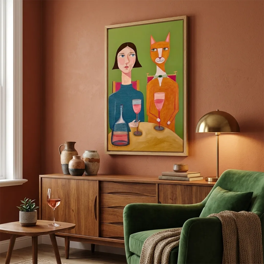 Lady and Cat Drinking Wine Women Illustration Painting - XS / Matte Paper / Rolled Art - Nook At You