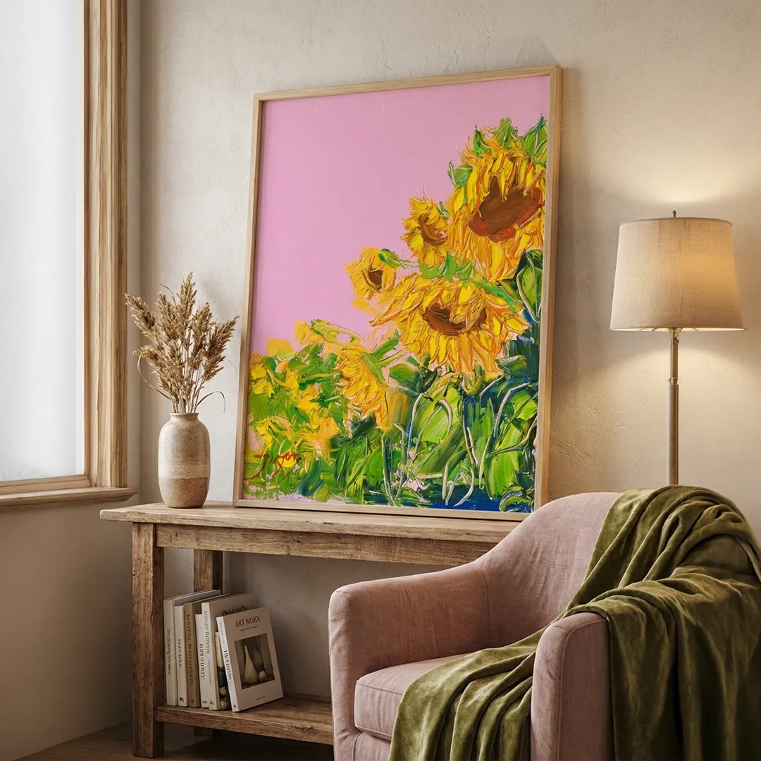 Vibrant Sunflowers Pink Sky Botanical Painting - XS / Matte Paper / Rolled Art - Nook At You