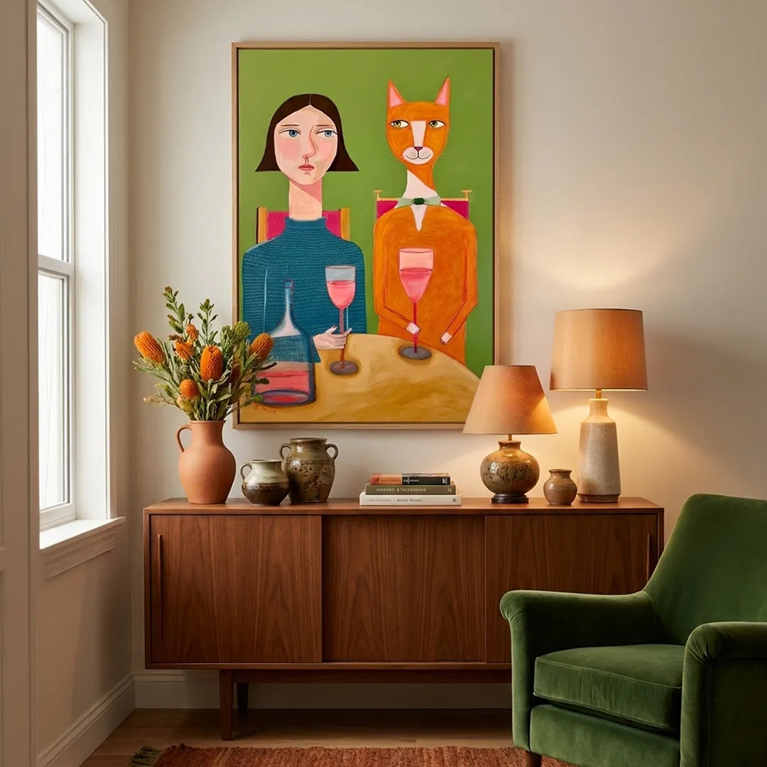 Lady and Cat Drinking Wine Women Illustration Painting - XS / Matte Paper / Rolled Art - Nook At You