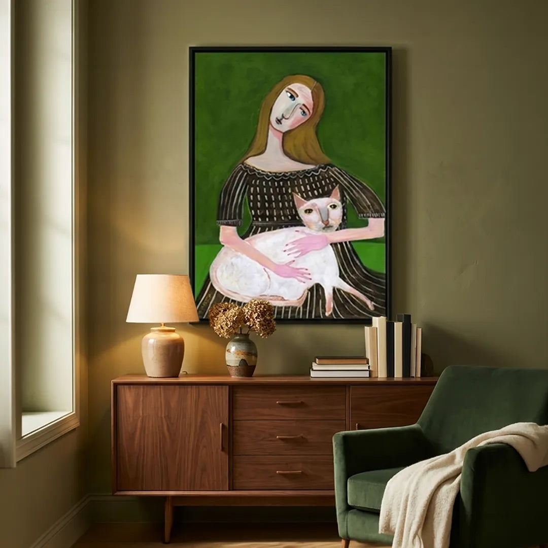 Vintage Lady With White Cat - XS / Matte Paper / Rolled Art - Nook At You