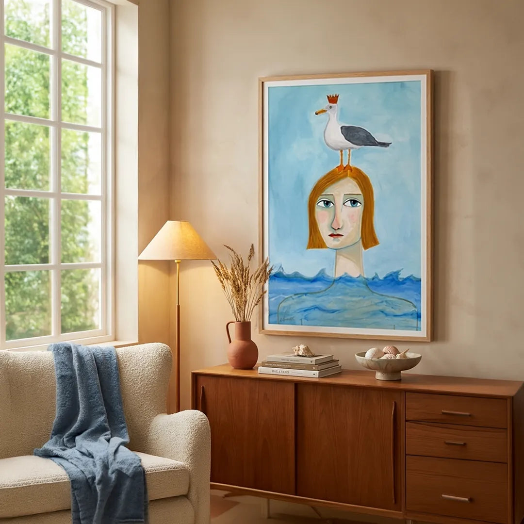 Lady in Ocean Women Illustration Wall Art Print - XS / Matte Paper / Rolled Art - Nook At You