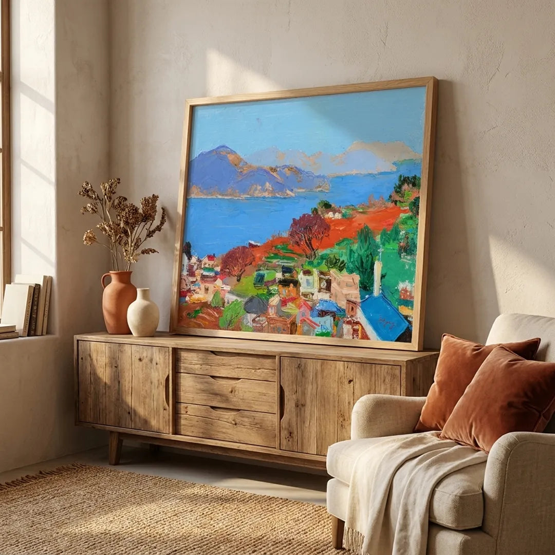 Vibrant Coastal Village Canvas Landscape Painting - XS / Matte Paper / Rolled Art - Nook At You