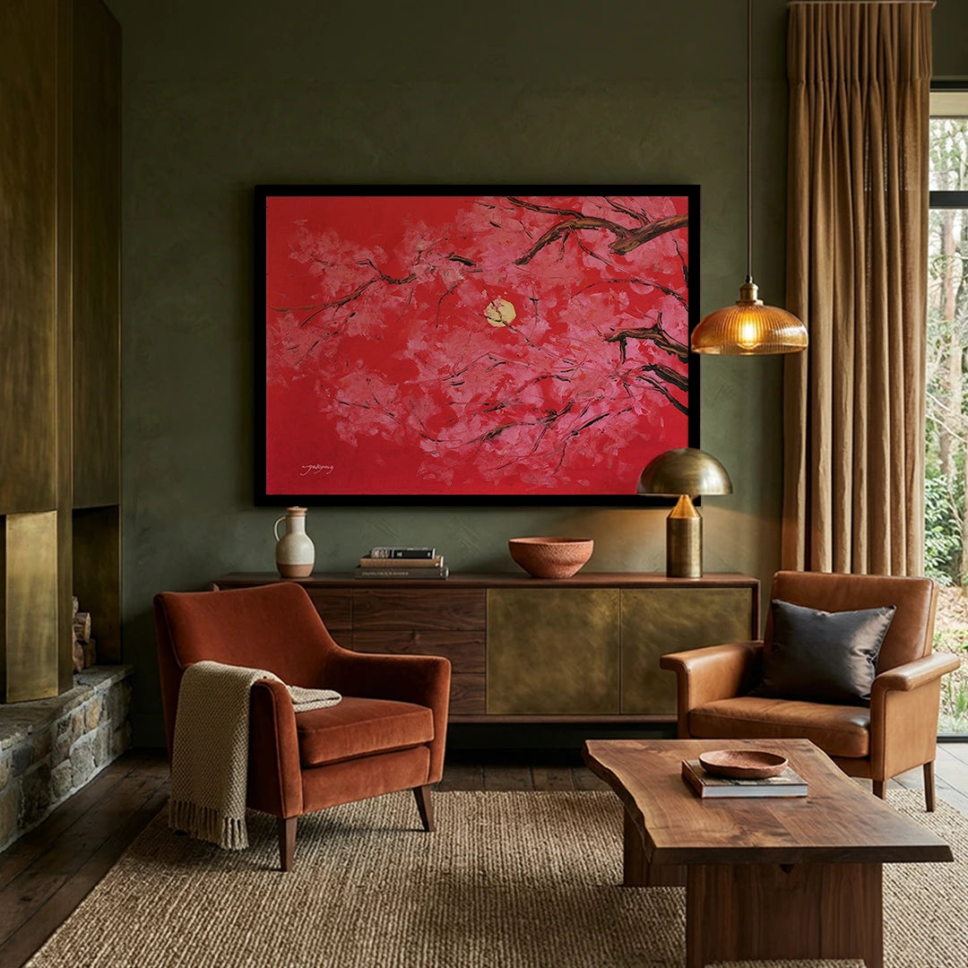 Red Moon Cherry Blossoms Vibrant Landscape Wall Art - XS / Matte Paper / Rolled Art - Nook At You
