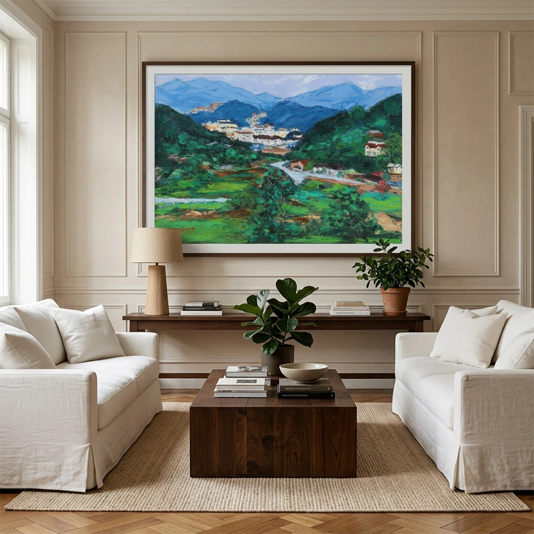 Peaceful Mountain Village Landscape Canvas Painting - XS / Matte Paper / Rolled Art - Nook At You