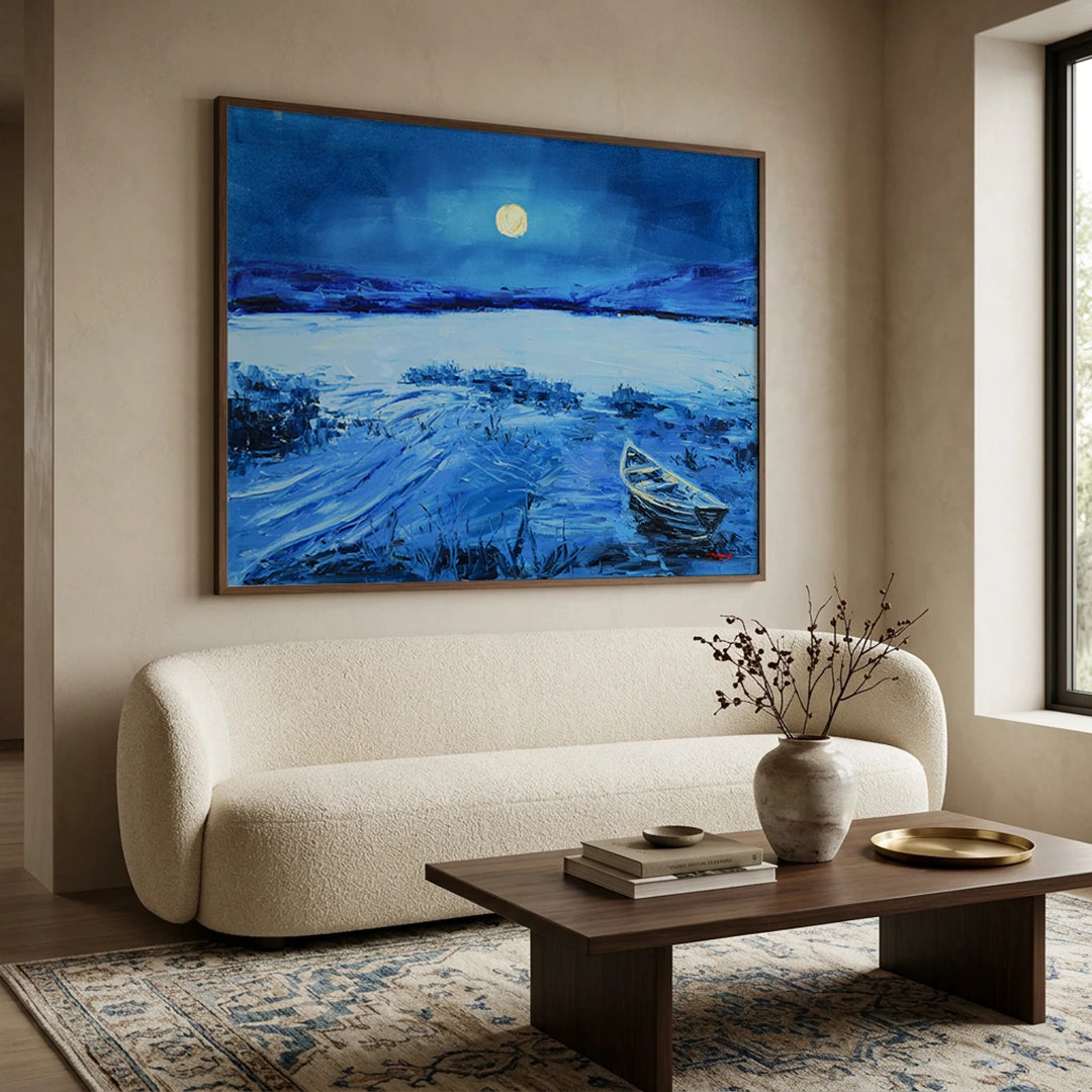 Blue Moonlit Lake Boat Landscape Painting - XS / Matte Paper / Rolled Art - Nook At You