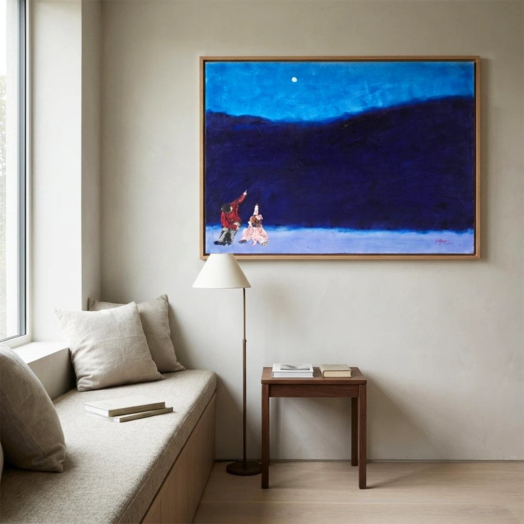 Kids Gaze at Winter Moon Landscape Wall Art For Living Room - XS / Matte Paper / Rolled Art - Nook At You