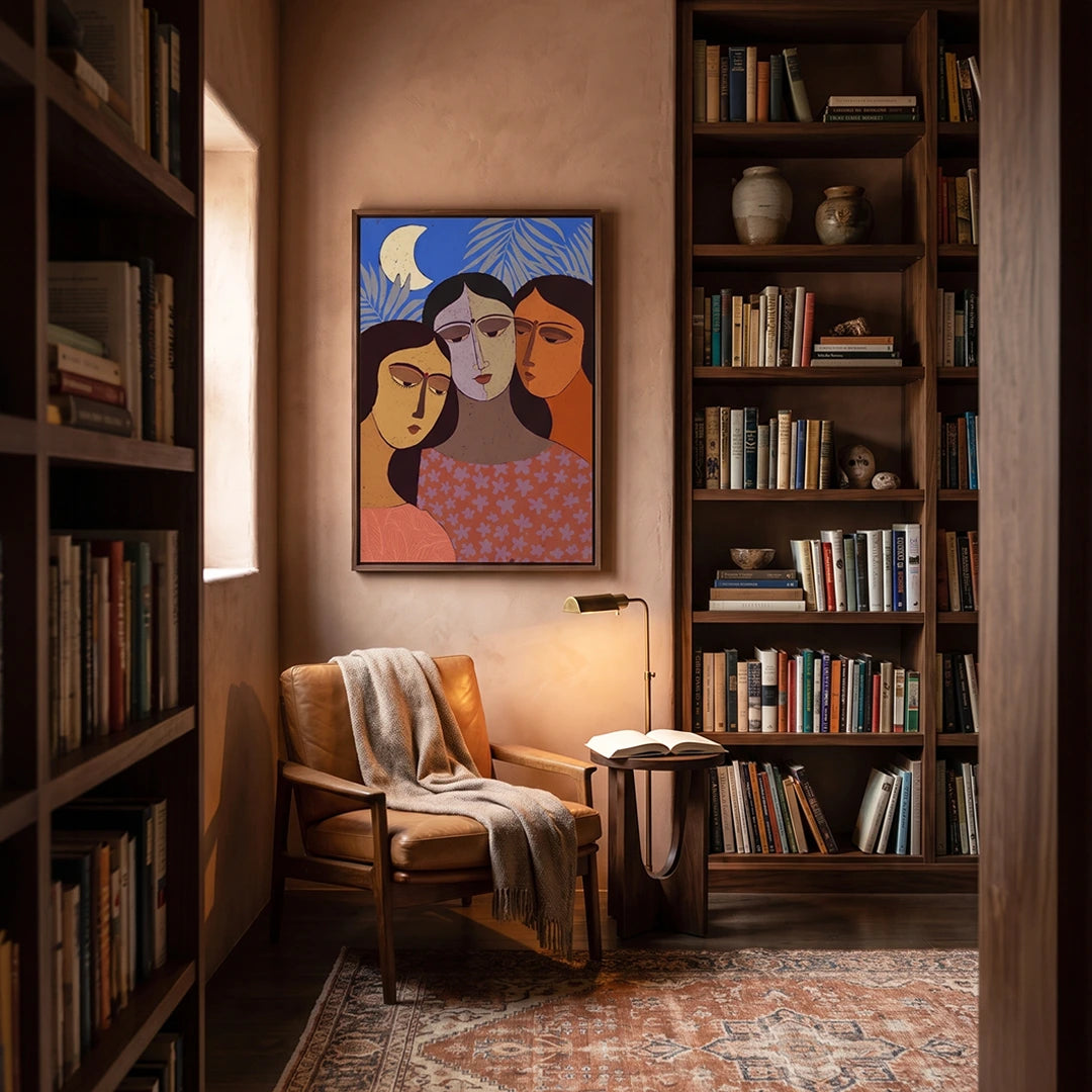 Three Women Under Moon Women Illustration Wall Art Painting - XS / Matte Paper / Rolled Art - Nook At You