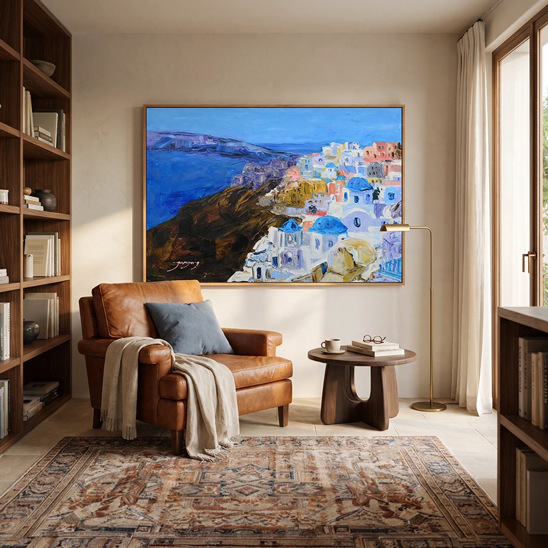 Santorini Blue Domes Landscape Painting For Living Room - XS / Matte Paper / Rolled Art - Nook At You