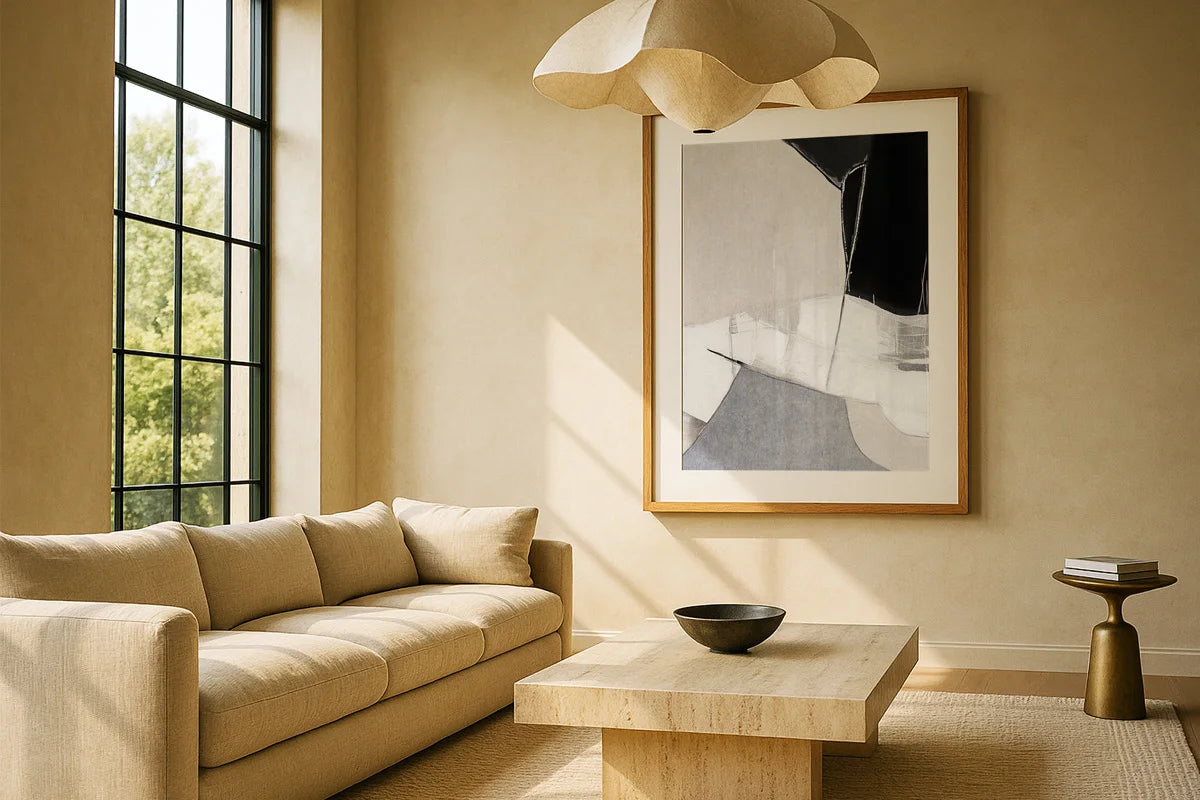 New framed wall art arrivals displayed in a modern neutral living room with gold accents – Nook At You's latest art drop.