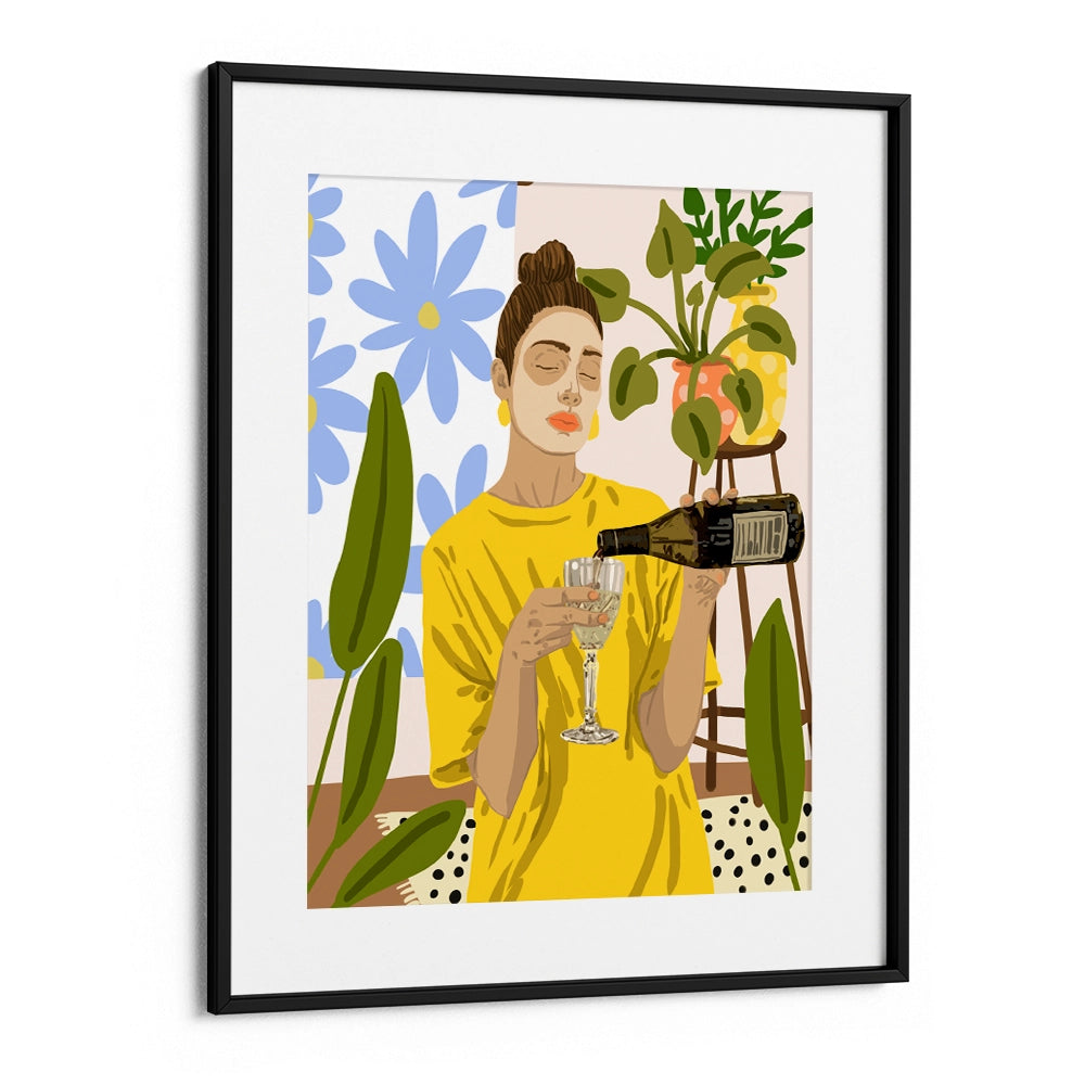 Woman In A Yellow Shirt Pouring Wine Boho Botanical Wall Art - XS / Matte Paper / Rolled Art - Nook At You