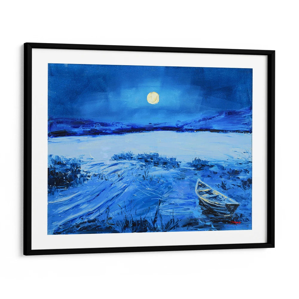 Blue Moonlit Lake Boat Landscape Painting - XS / Matte Paper / Rolled Art - Nook At You
