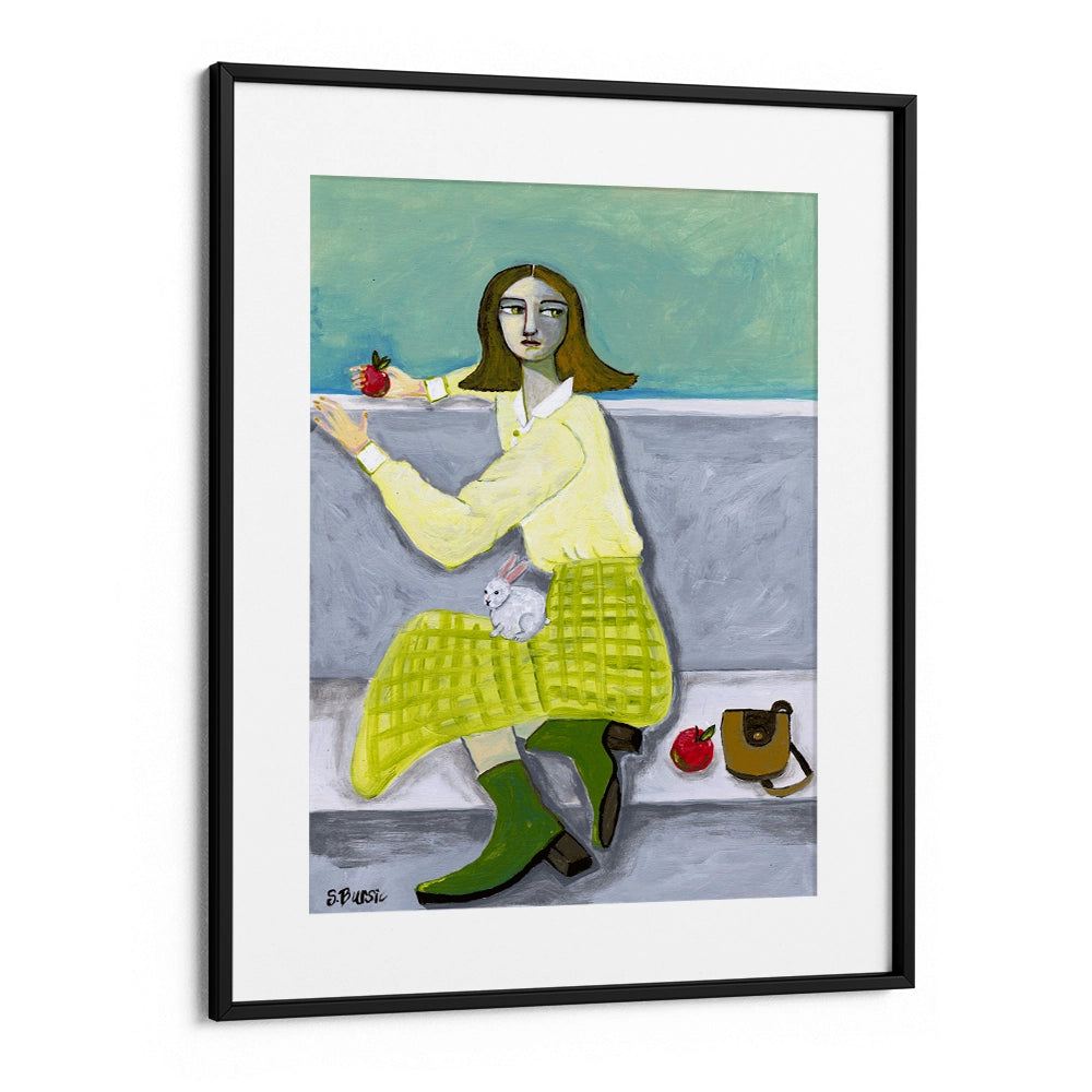 Lady and the Rabbit with apple Women Illustration Painting - XS / Matte Paper / Rolled Art - Nook At You