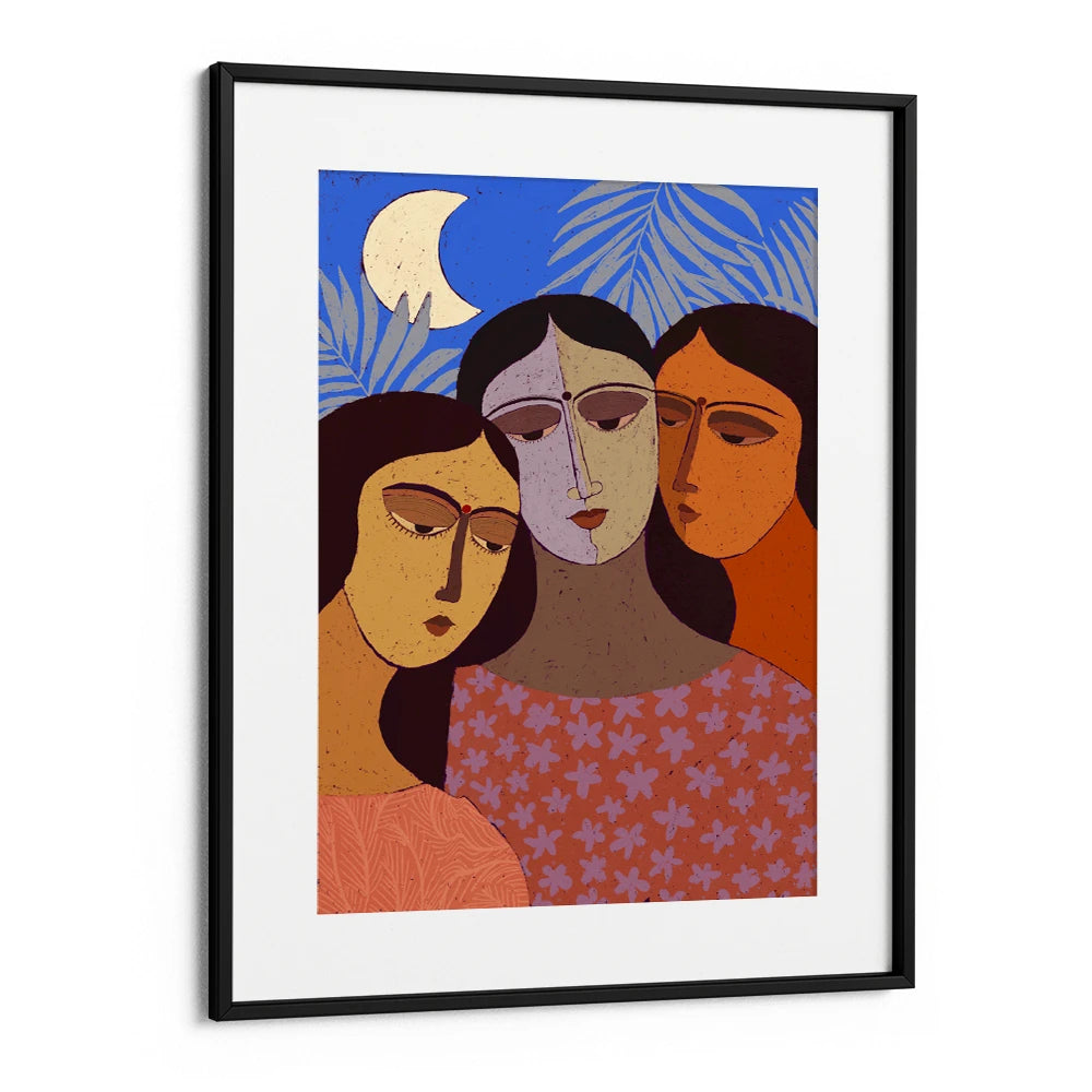 Three Women Under Moon Women Illustration Wall Art Painting - XS / Matte Paper / Rolled Art - Nook At You