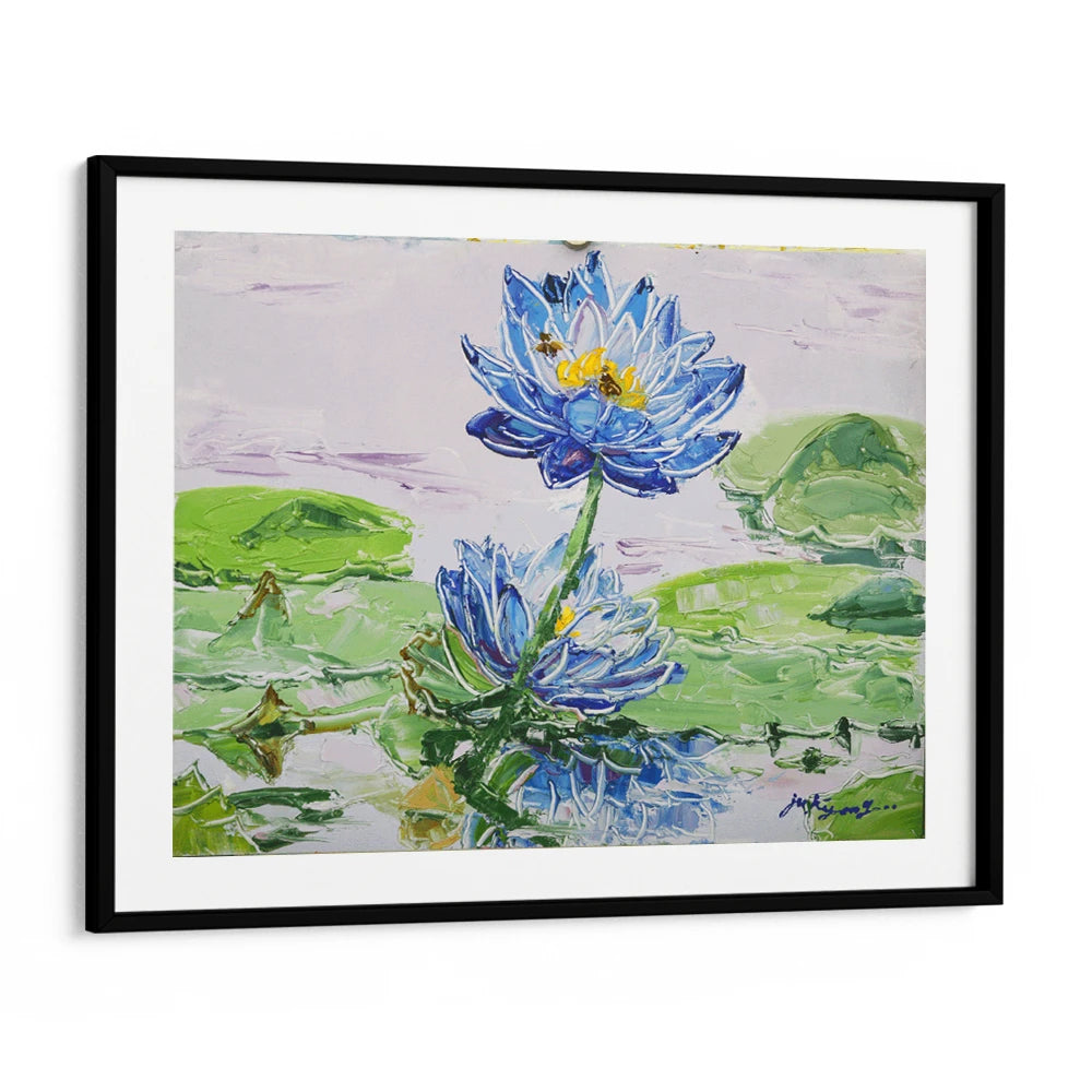 Bees on Blue Lotus Botanical Wall Art Poster - XS / Matte Paper / Rolled Art - Nook At You