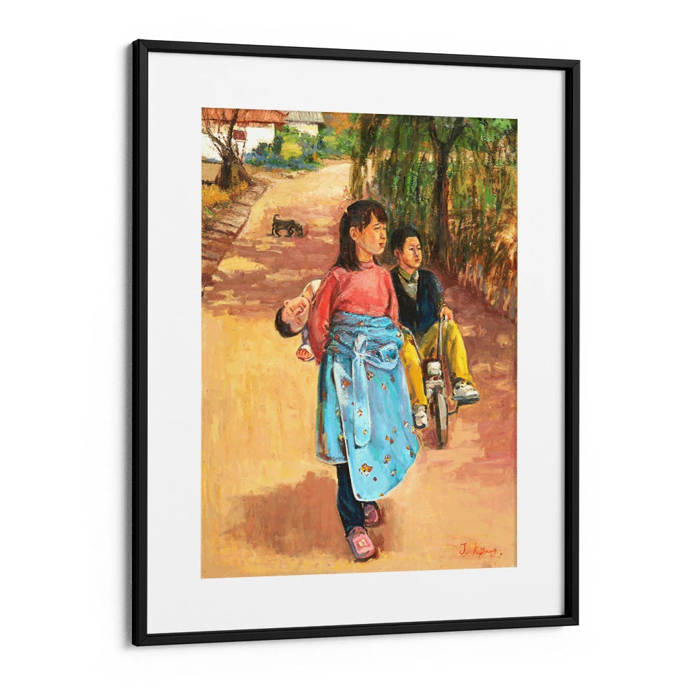 Children on a Village Path Canvas Painting for Living Room - XS / Matte Paper / Rolled Art - Nook At You