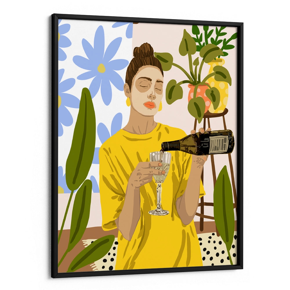 Woman In A Yellow Shirt Pouring Wine Boho Botanical Wall Art - XS / Matte Paper / Rolled Art - Nook At You