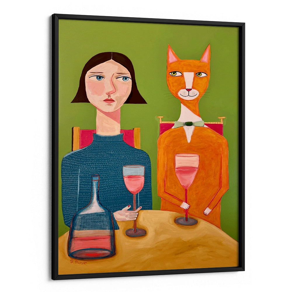 Lady and Cat Drinking Wine Women Illustration Painting - XS / Matte Paper / Rolled Art - Nook At You