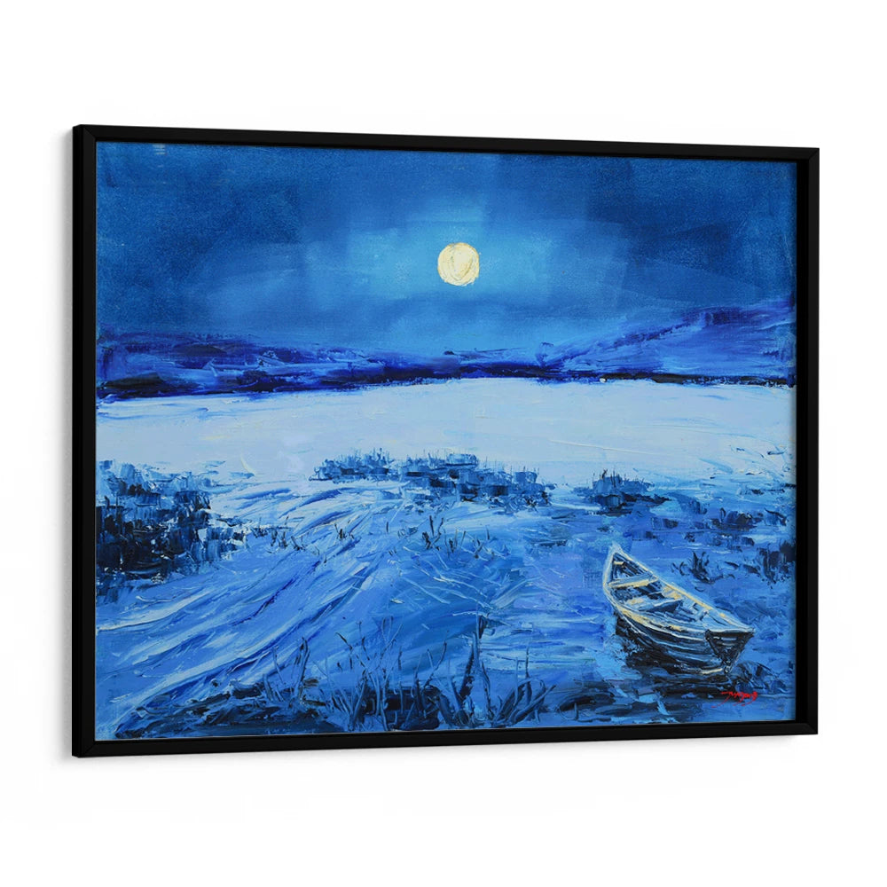 Blue Moonlit Lake Boat Landscape Painting - XS / Matte Paper / Rolled Art - Nook At You