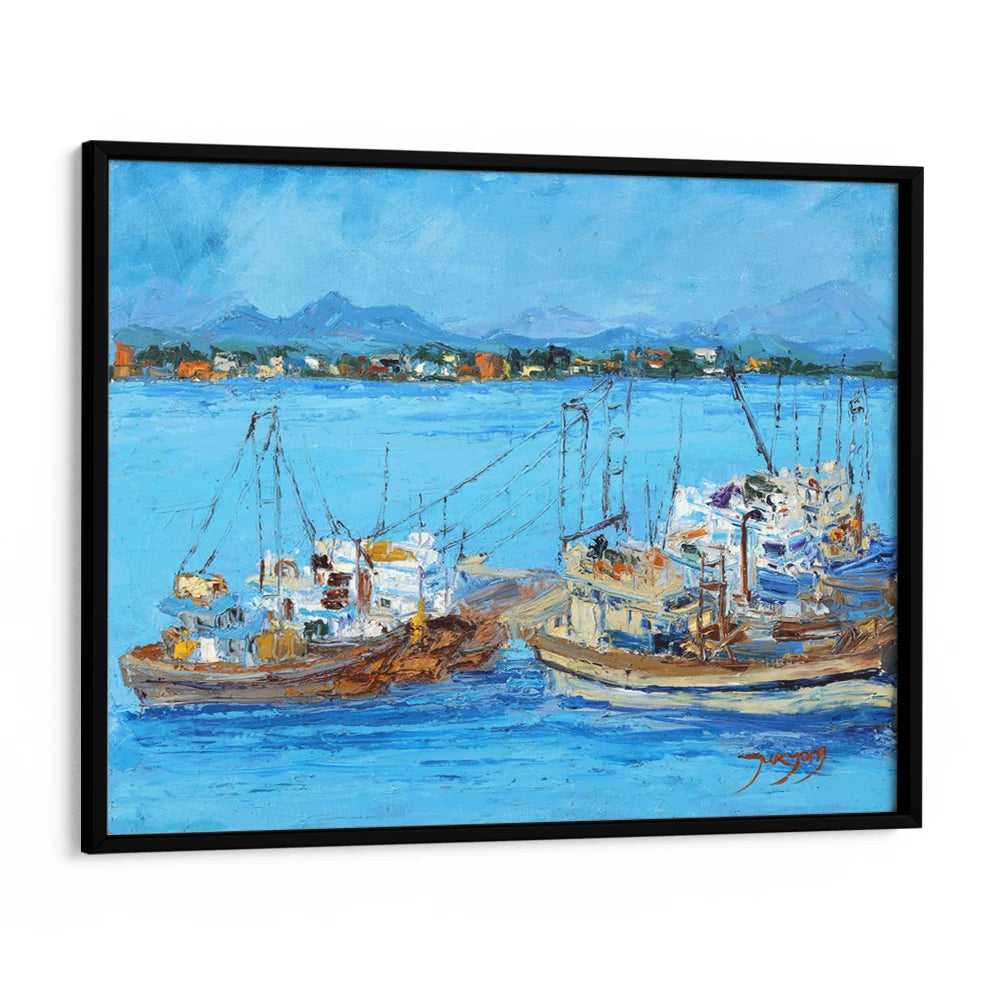 Blue Harbor Fishing Boats Coastal Landscape Wall Art - XS / Matte Paper / Rolled Art - Nook At You