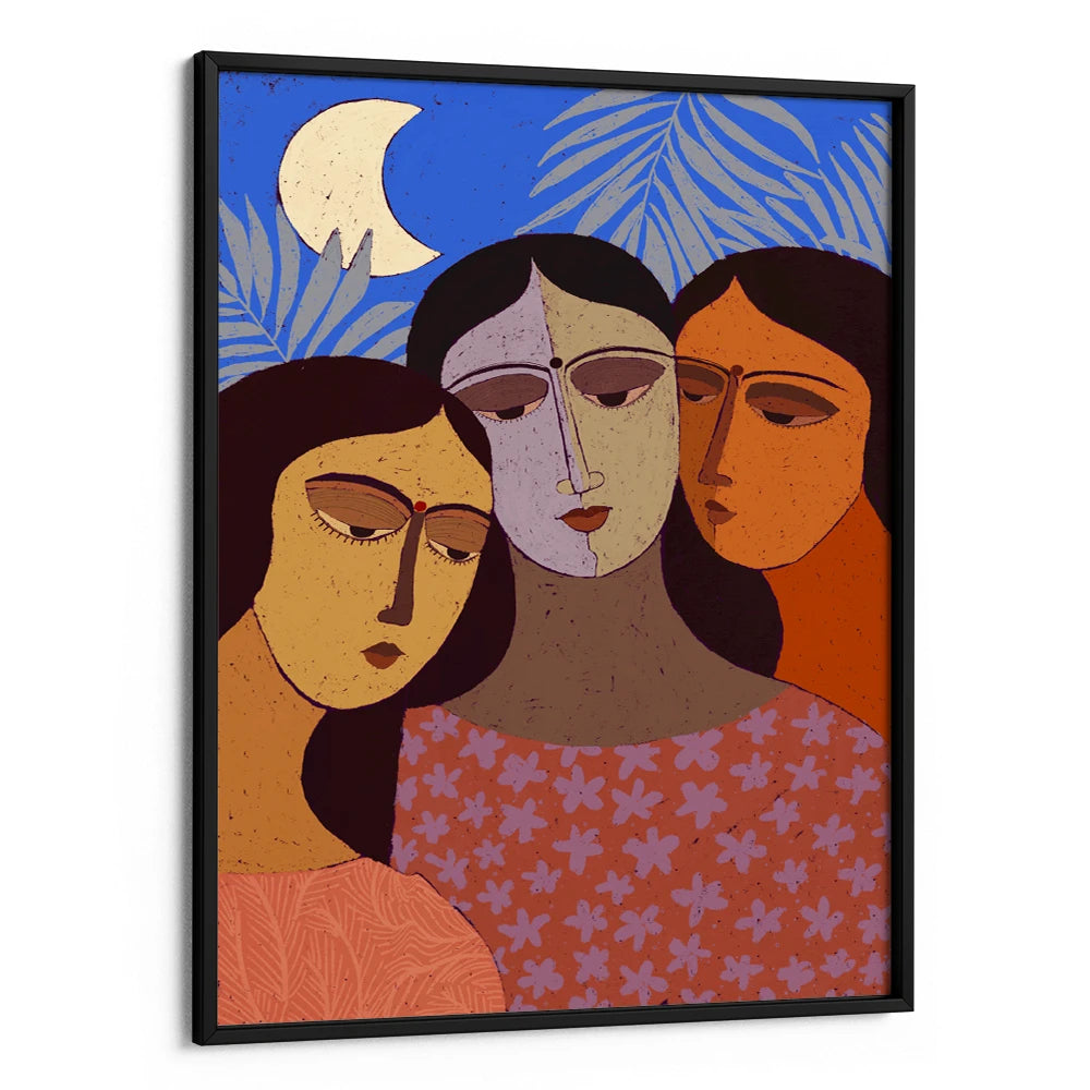 Three Women Under Moon Women Illustration Wall Art Painting - XS / Matte Paper / Rolled Art - Nook At You