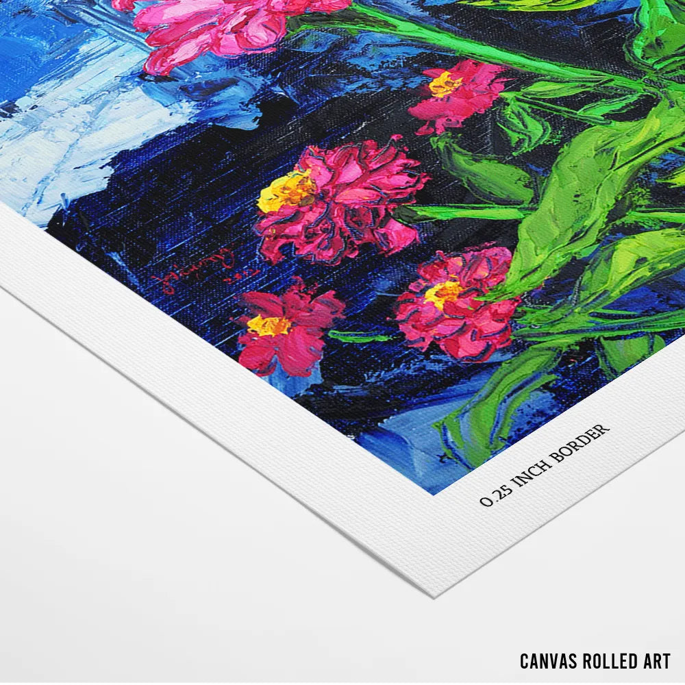Pink Zinnias Blue Backdrop Botanical Art Poster - XS / Matte Paper / Rolled Art - Nook At You