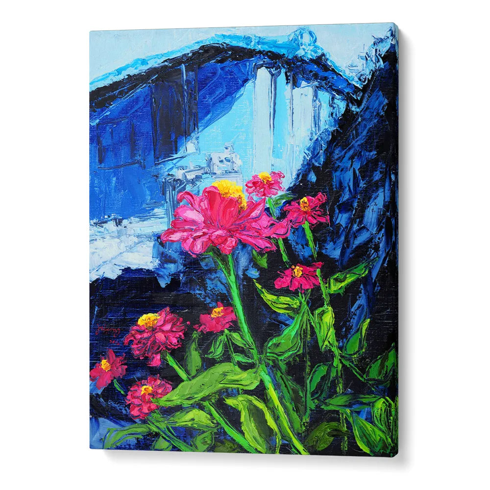 Pink Zinnias Blue Backdrop Botanical Art Poster - XS / Matte Paper / Rolled Art - Nook At You