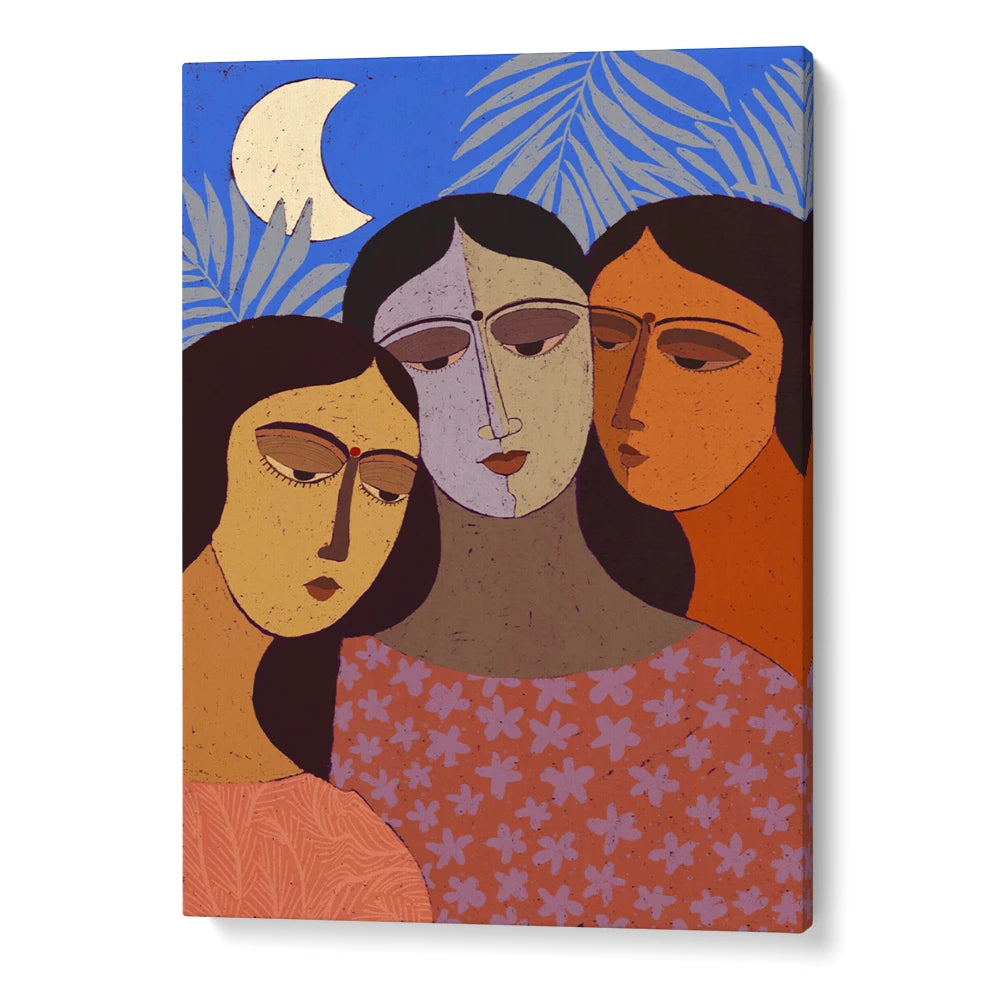 Three Women Under Moon Women Illustration Wall Art Painting - XS / Matte Paper / Rolled Art - Nook At You
