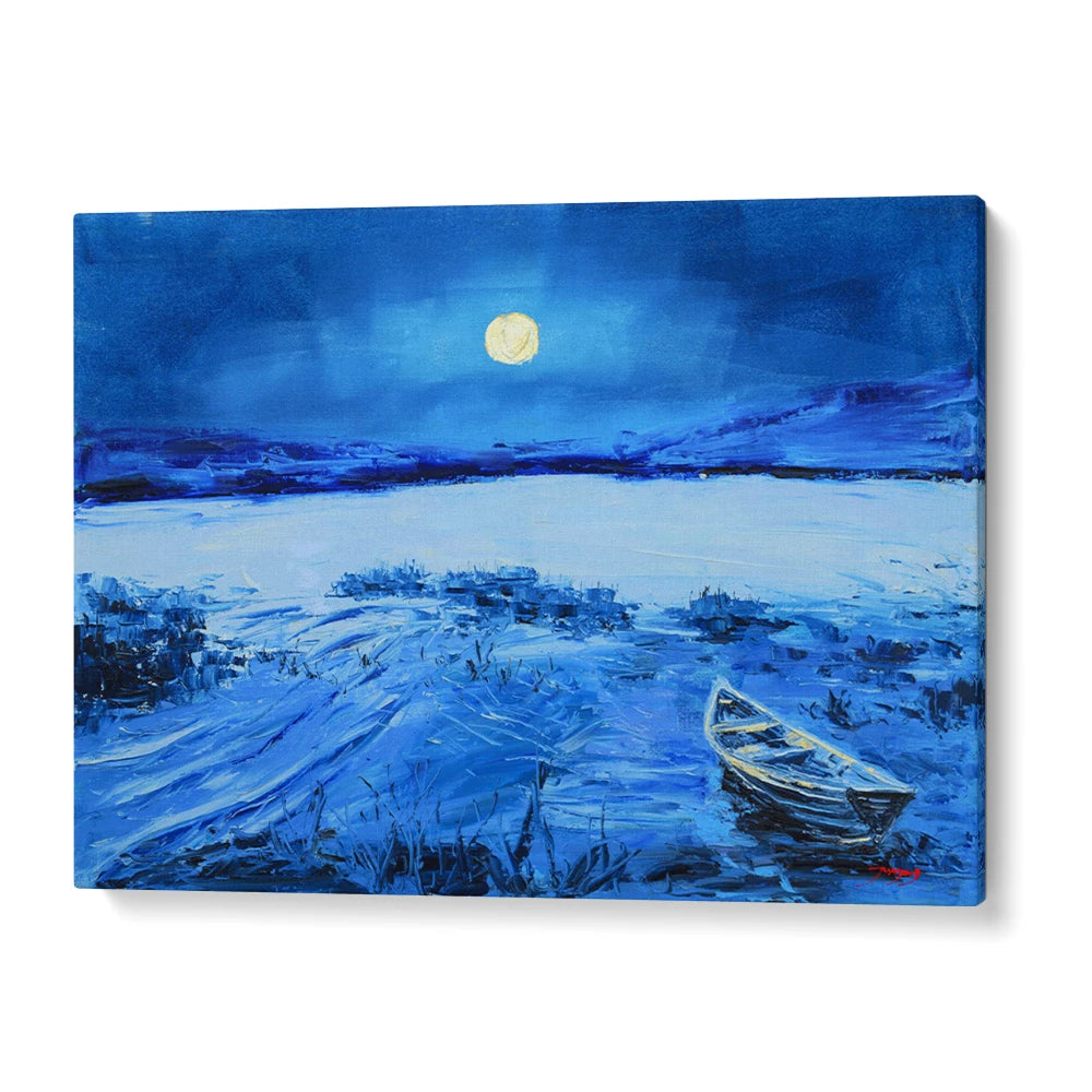 Blue Moonlit Lake Boat Landscape Painting - XS / Matte Paper / Rolled Art - Nook At You