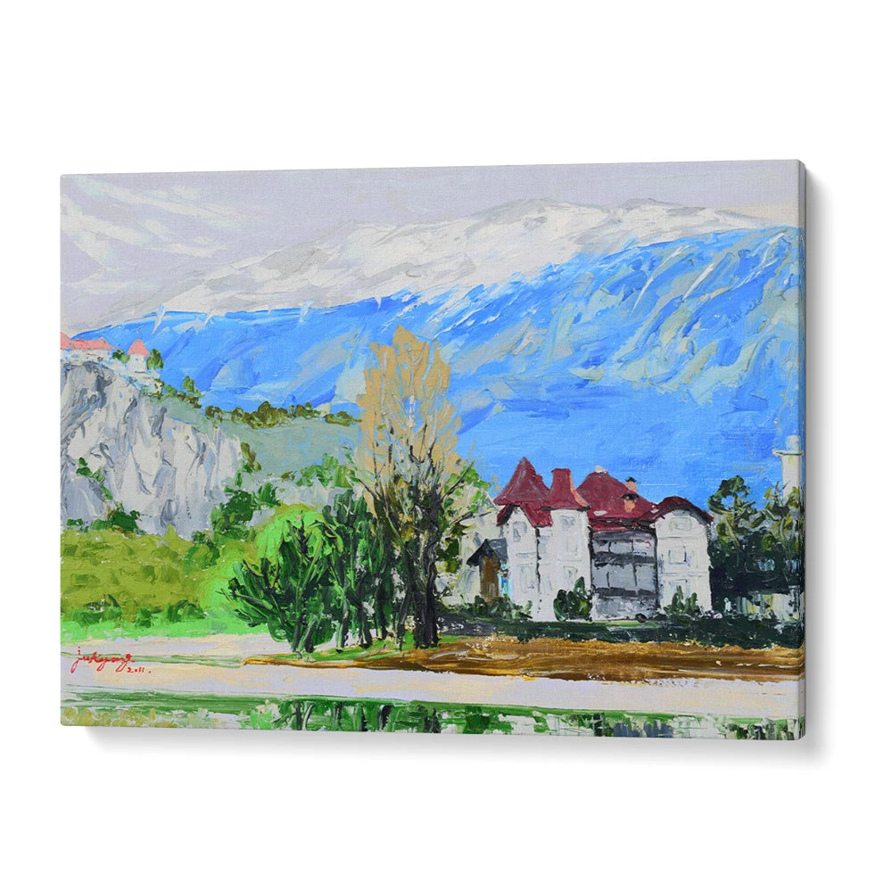 Alpine Lake Castle View Landscape Painting For Living Room - XS / Matte Paper / Rolled Art - Nook At You