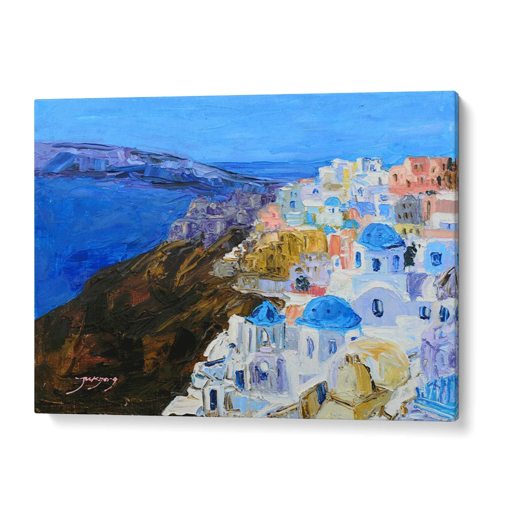 Santorini Blue Domes Landscape Painting For Living Room - XS / Matte Paper / Rolled Art - Nook At You